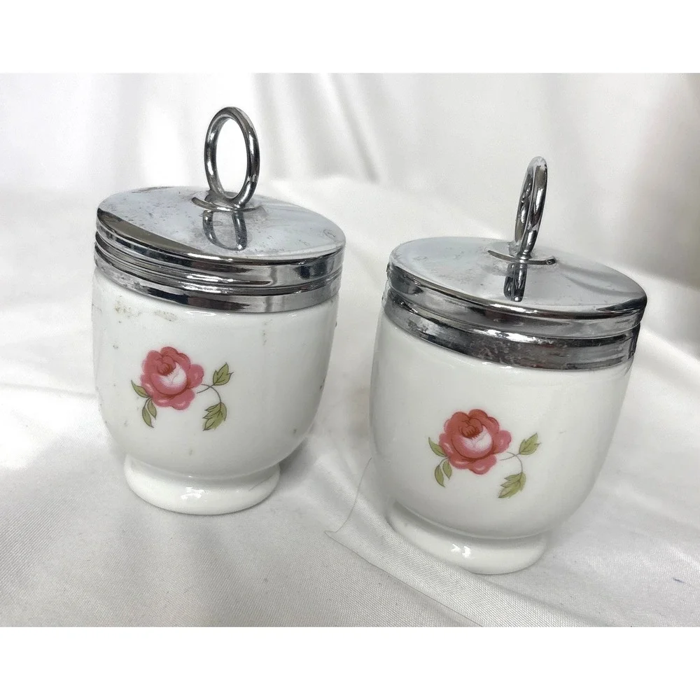 VTG Royal Worcester Egg Coddlers Set 2 White Floral Pink Rose England